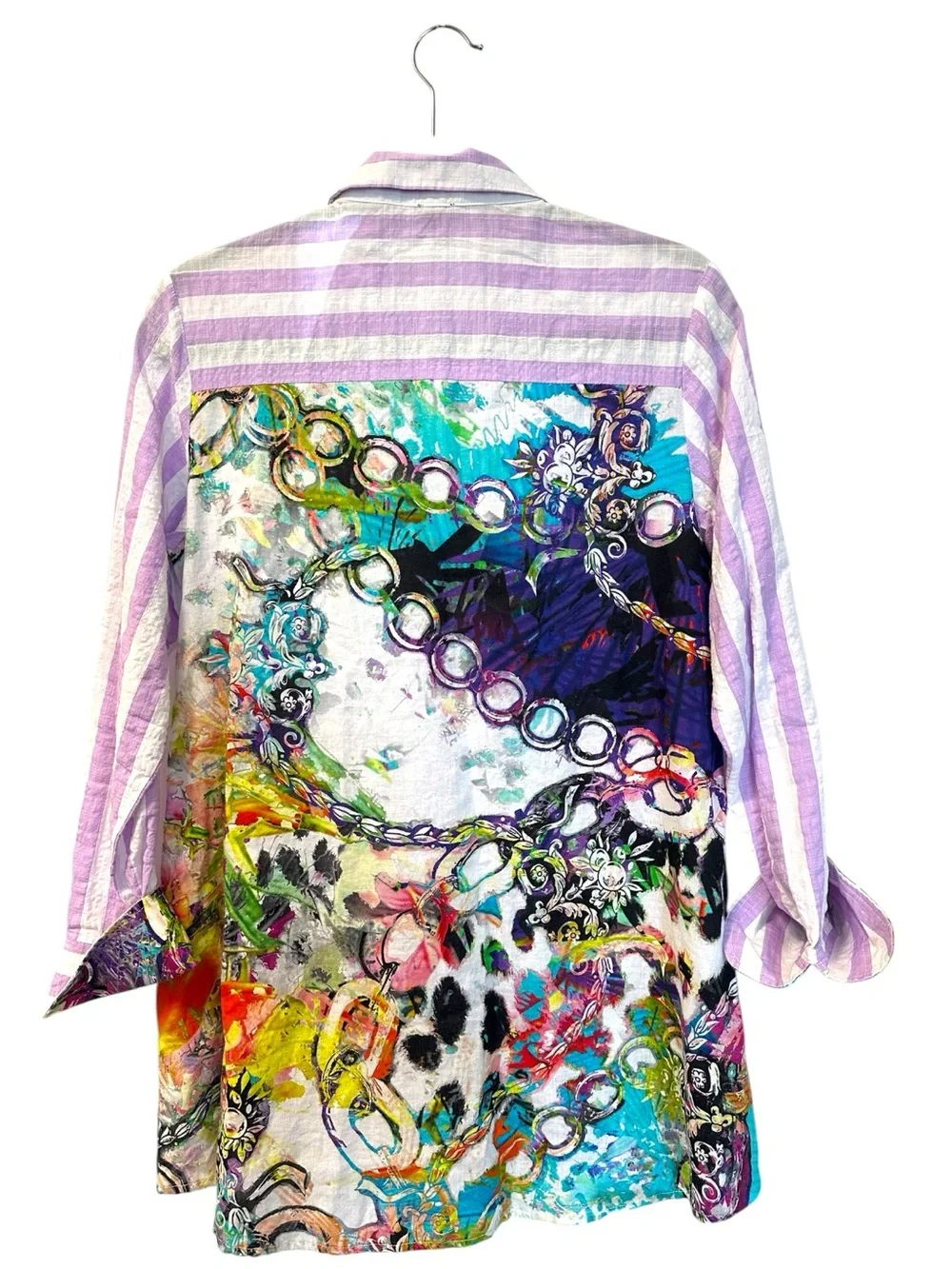 Shana Mixed Media Art To Wear Print Back Button Up Tunic Blouse SZ S